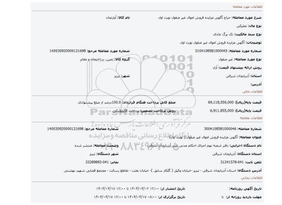 مزایده، آگهی مزایده فروش اموال غیر منقول نوبت اول
