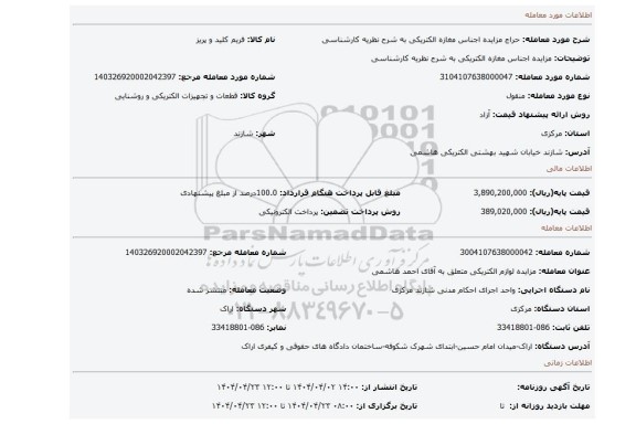مزایده، مزایده اجناس مغازه الکتریکی به شرح نظریه کارشناسی