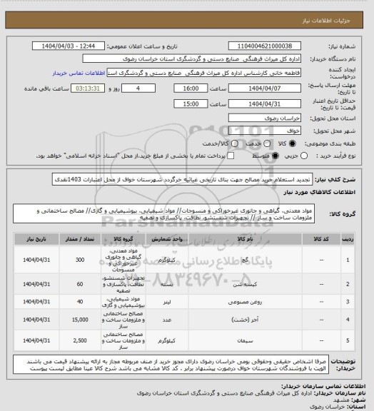 استعلام تجدید استعلام خرید مصالح جهت بنای تاریخی غیاثیه خرگردد شهرستان خواف از محل اعتبارات 1403نقدی