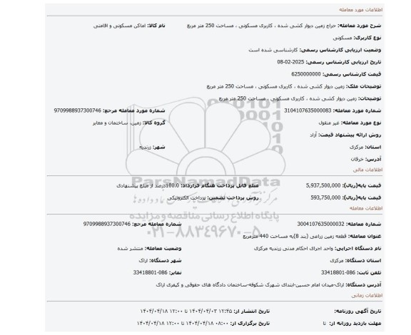 مزایده، زمین دیوار کشی شده ، کاربری مسکونی ، مساحت 250 متر مربع