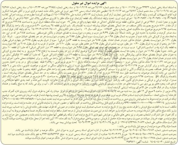 مزایده فروش یک قطعه آپارتمان با کاربری مسکونی به پلاک ثبتی 40947 فرعی از یک اصلی 