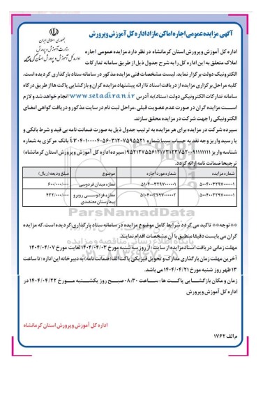 آگهی مزایده عمومی اجاره اماکن مازاد 