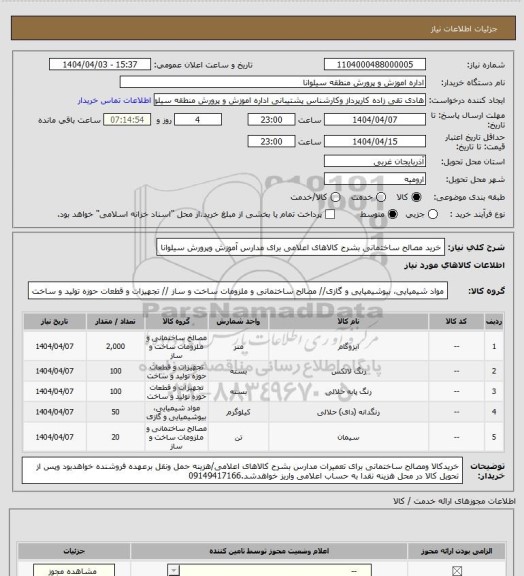 استعلام خرید مصالح ساختمانی بشرح کالاهای اعلامی برای مدارس آموزش وپرورش سیلوانا