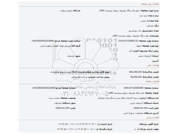 مزایده، یکدستگاه خودروی سواری پرایدمدل 1383