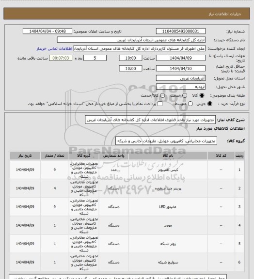 استعلام تجهیزات مورد نیاز  واحد فناوری اطلاعات اداره کل کتابخانه های آذربایجان غربی