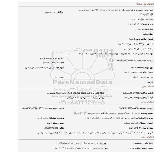 مزایده، فروش یک دستگاه خودروی سواری پژو 206 به شماره انتظامی 52ل122ایران15