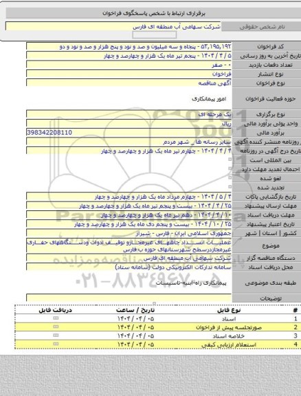 مناقصه, عملیات انسداد چاههای غیرمجازو توقیف ادوات ودستگاههای حفاری غیرمجازدرسطح شهرستانهای حوزه ب فارس