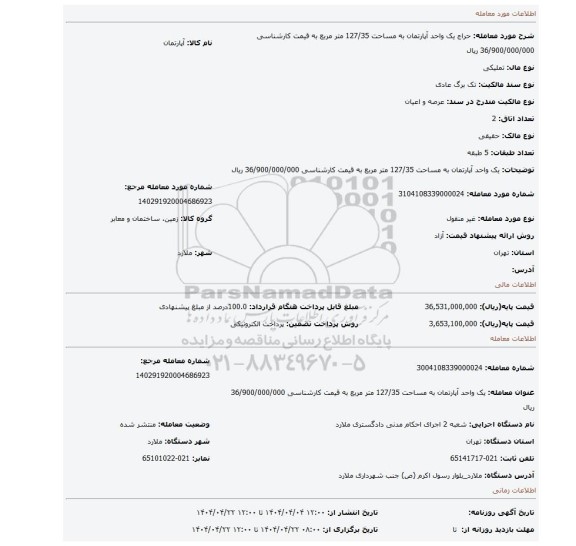 مزایده، یک واحد آپارتمان به مساحت 127/35 متر مربع به قیمت کارشناسی 36/900/000/000 ریال