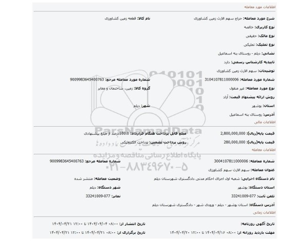 مزایده، سهم الارث زمین کشاورزی