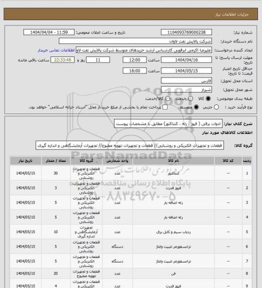 استعلام ادوات برقی ( فیوز ، رله ، کنتاکتور) مطابق با مشخصات پیوست