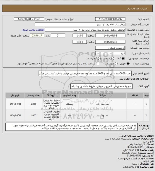 استعلام تعداد5000عدد  سی دی و 1000 عدد دی وی دی خام.جنس مرغوب با تایید کارشناس مرکز