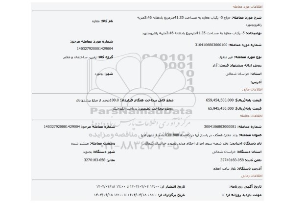 مزایده، 5- یکباب مغازه به مساحت 41.35مترمربع بادهانه 3.46متربه راهروبجنورد