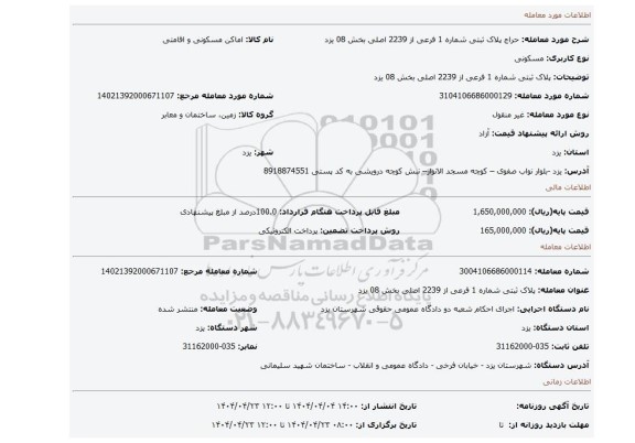 مزایده، پلاک ثبتی شماره 1 فرعی از 2239 اصلی بخش 08 یزد