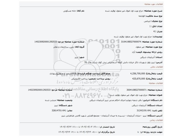 مزایده، حراج نوبت اول اموال غیر منقول توقیف شده