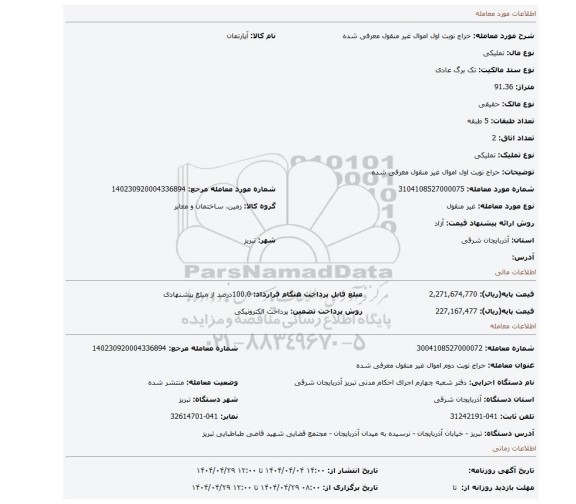 مزایده، حراج نوبت اول اموال غیر منقول معرفی شده
