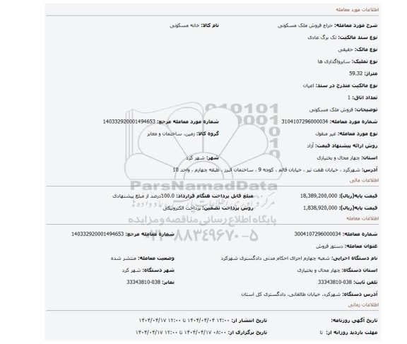 مزایده، فروش ملک مسکونی