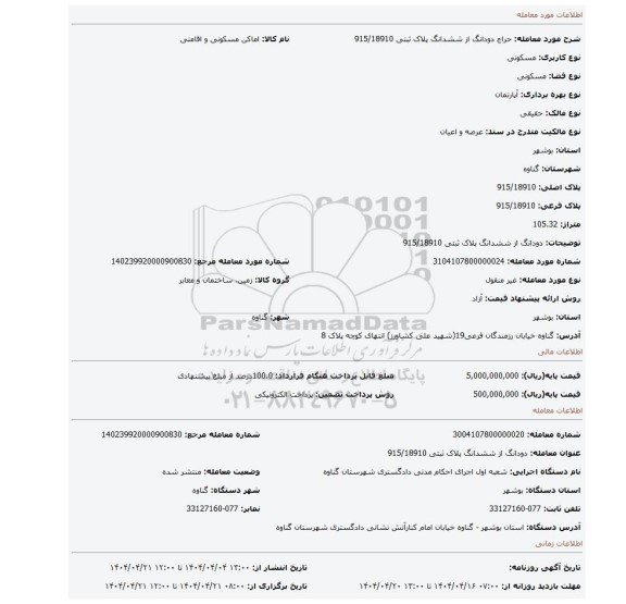 مزایده، دودانگ از ششدانگ پلاک ثبتی 915/18910