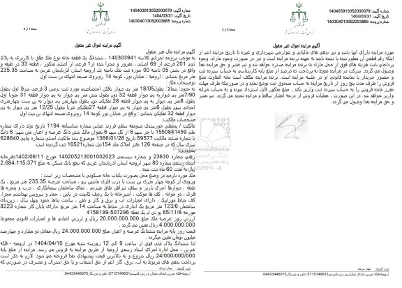 مزایده فروش ششدانگ یک قطعه خانه با پلاک ثبتی 201 فرعی از 69 اصلی