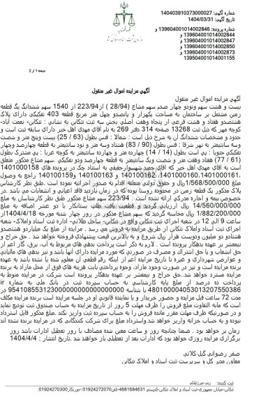 مزایده فروش ششدانگ یک قطعه زمین به مساحت 1540 مترمربعع با پلاک ثبتی 878 فرعی از 57 اصلی