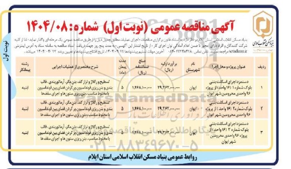 مناقصه دستمزد اجرای اسکلت بتنی بلوک شماره 1 ........