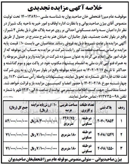 مزایده اعیان سه واحد مسکونی  تجدیدی  