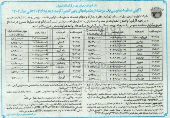 مناقصه ارائه و انجام خدمات جامع مشترکین ، تست، بازرسی و نصب انشعابات جدید- نوبت دوم 