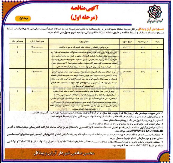 مناقصه خرید و اجرای لکه گیری آسفالت معابر ناحیه یک به صورت پراکنده