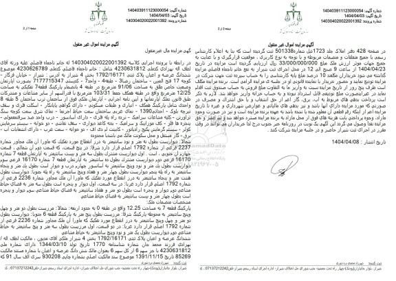 مزایده عرصه و اعیان پلاک ثبتی 1792/16171 بخش 4