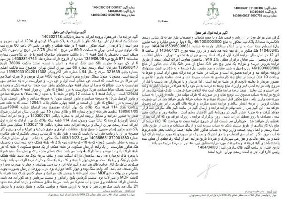 مزایده ششدانگ یک قطعه آپارتمان نوع ملک طلق با کاربری به پلاک ثبتی 16 فرعی از 1294 اصلی 