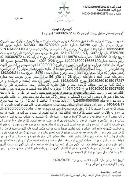 مزایده فروش سواری سیستم سایپا تیپ SAINA رنگ روغنی
