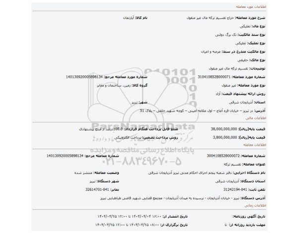 مزایده، تقسیم ترکه مال غیر منقول