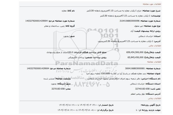 مزایده، 1-یکباب مغازه به مساحت 47.15مترمربع بادهانه 3.50متر