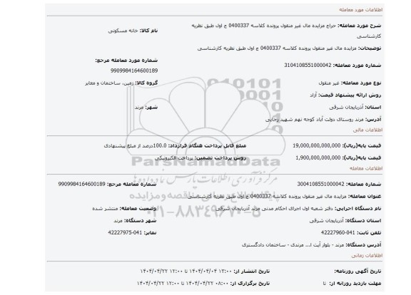 مزایده، مزایده مال غیر منقول پرونده کلاسه 0400337 ج اول طبق نظریه کارشناسی