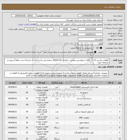 استعلام قطعات ماشین آلات / کالای درخواستی مطابق با تقاضای 0432118 شماره می باشد.ایران کد مشابه است. لطفاً به پیوست مراجعه شود.