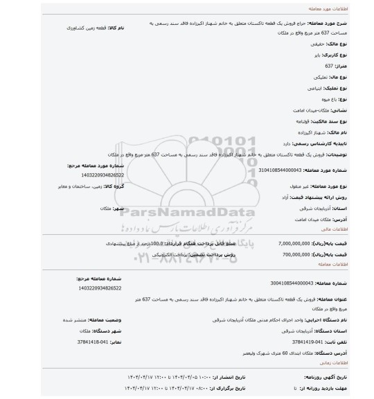 مزایده، فروش یک قطعه تاکستان متعلق به خانم شهناز اکبرزاده فاقد سند رسمی به مساحت 637 متر مربع واقع در ملکان