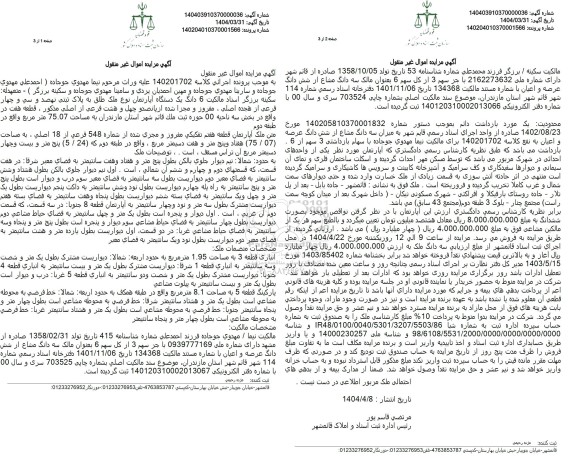 مزایده فروش 6 دانگ یک دستگاه آپارتمان نوع ملک طلق به پلاک ثبتی نهصد و سی و چهار فرعی از هجده اصلی