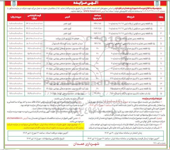 مزایده واگذاری املاک شامل 15 قطعه زمین مسکونی، تجاری، صنایع و کارگاه و مغازه صنایع و کارگاه