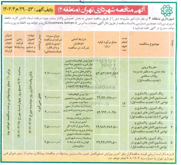 مناقصه حفر و لایروبی چاه جذبی ....