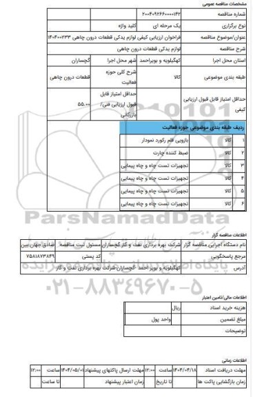 مناقصه، فراخوان ارزیابی کیفی لوازم یدکی قطعات درون چاهی 140400233