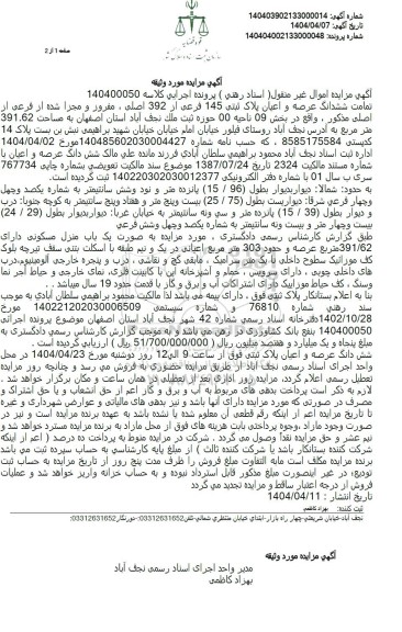 مزایده ششدانگ عرصه و اعیان پلاک ثبتی 145 فرعی