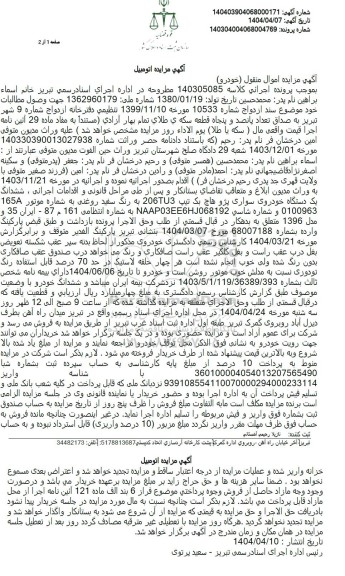 مزایده یکدستگاه خودروی سواری پژو هاچ بک مدل 1396