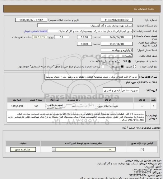 استعلام خرید 14 قلم قطعات یدکی جهت مجموعه اعلان و اطفاء حریق طبق شرح جدول پیوست
