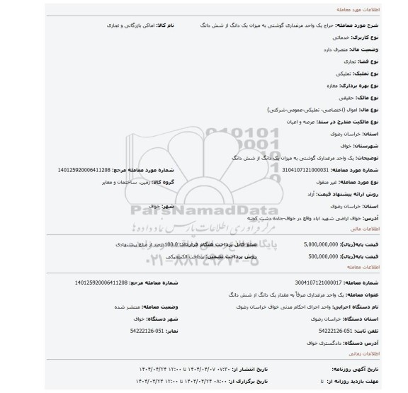 مزایده، یک واحد مرغداری گوشتی به میزان یک دانگ از شش دانگ