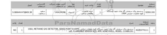 استعلام سنسور برای سنجش گاز متان جهت دستگاه کوره عملیات حرارتی 106A