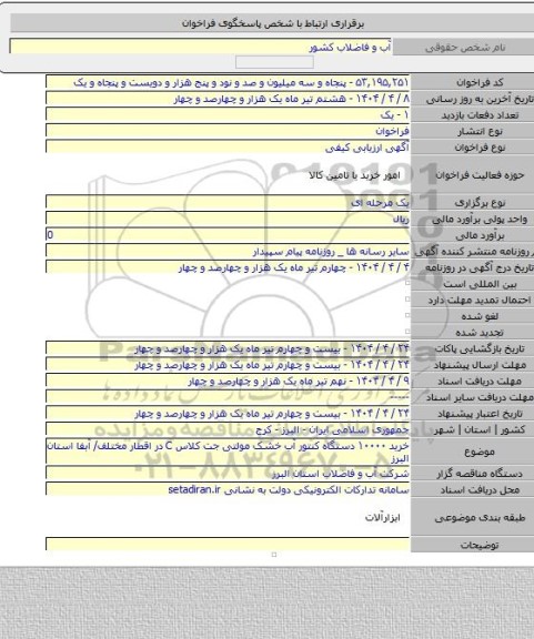 مناقصه, خرید ۱۰۰۰۰ دستگاه کنتور آب خشک مولتی جت کلاس C در اقطار مختلف/ آبفا استان البرز