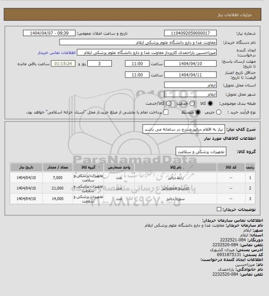 استعلام نیاز به اقلام دیالیز مندرج در سامانه می باشد