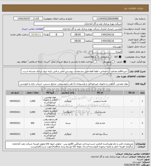 استعلام خرید4قلم مصالح ساختمانی- لطفا فقط طبق مشخصات پیوستی مالی و فنی ارایه شود ایرانکد مشابه است.