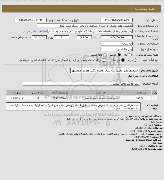 استعلام استعلام تامین امنیت بیمارستان حاجیه نرگس معرفی ماهشهر