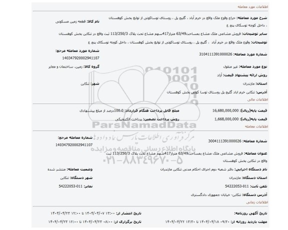 مزایده، وقوع ملک واقع در خرم آباد  ، گلیج پل ، روستای توساکوتی از توابع بخش کوهستان ، داخل کوچه توسکای پنج ع