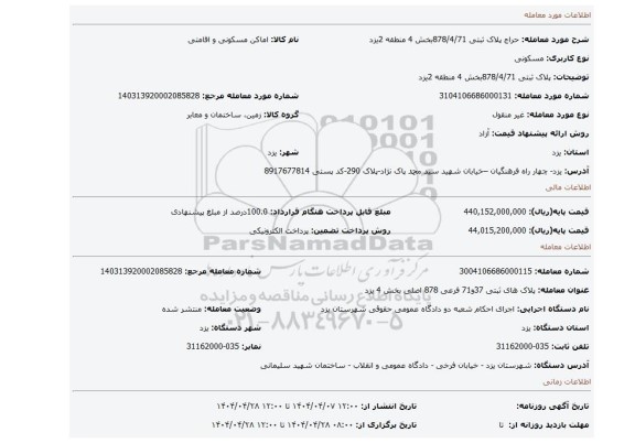 مزایده، پلاک ثبتی 878/4/71بخش 4 منطقه 2یزد